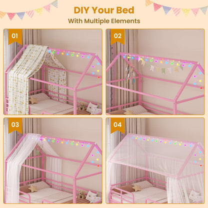 ADORNEVE Bed Frame Twin Size with 6 Drawers and Globe String Lights Plug in Metal Kids Bed with Safety Guardrail and Inclined Ladder