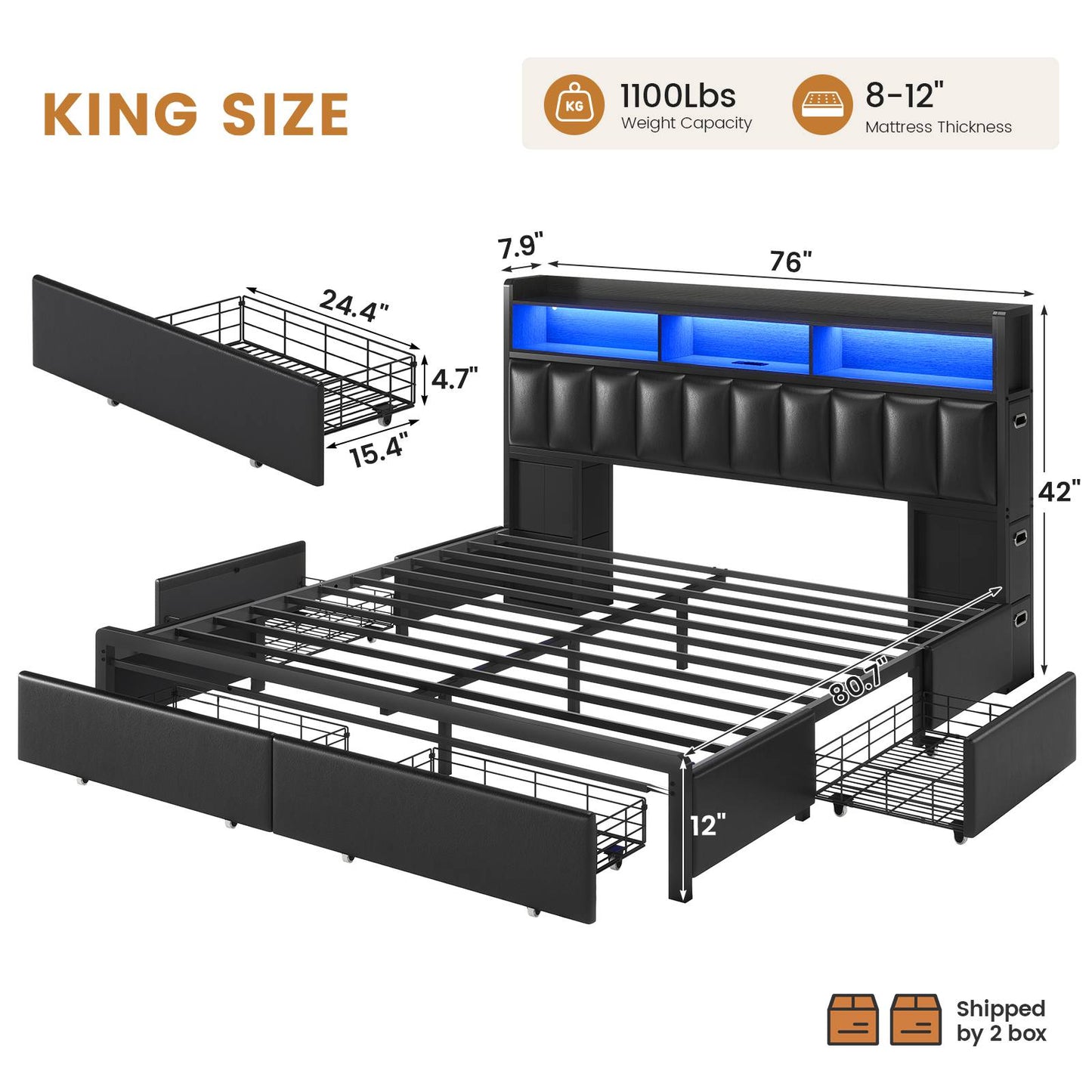 ADORNEVE Bed Frame King Size with 10 Drawers and RGB Bookcase Headboard PU Upholstered Bed with Charging Station