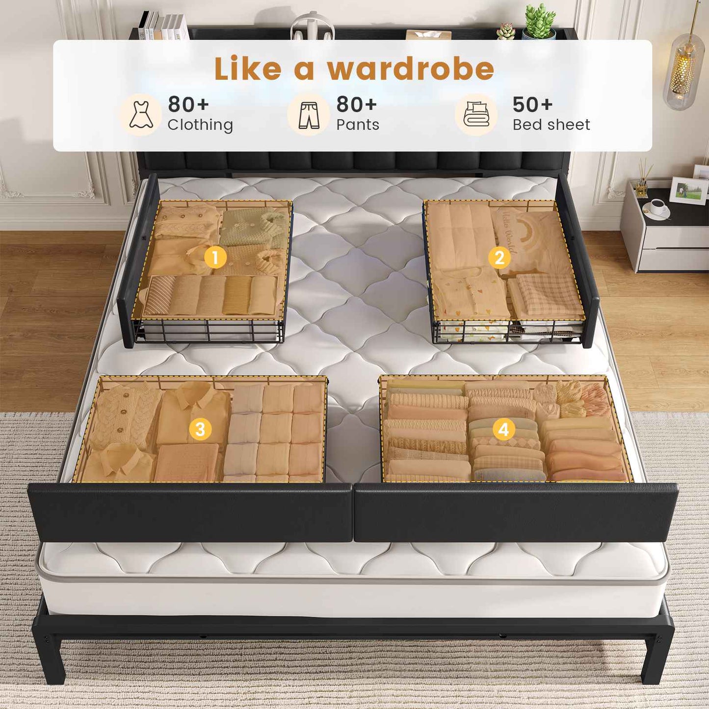 ADORNEVE Bed Frame King Size with 10 Drawers and RGB Bookcase Headboard PU Upholstered Bed with Charging Station