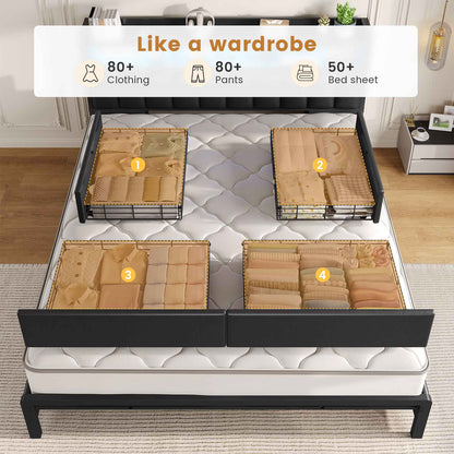 ADORNEVE Bed Frame King Size with 10 Drawers and RGB Bookcase Headboard PU Upholstered Bed with Charging Station