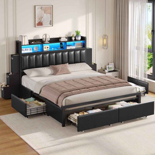 ADORNEVE Bed Frame King Size with 10 Drawers and RGB Bookcase Headboard PU Upholstered Bed with Charging Station