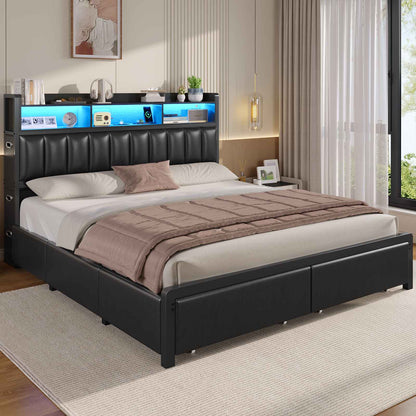ADORNEVE Bed Frame King Size with 10 Drawers and RGB Bookcase Headboard PU Upholstered Bed with Charging Station