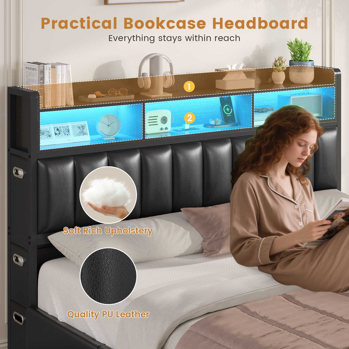Rgb Bookcase ADORNEVE Bed Frame King Size with 10 Drawers and RGB Bookcase Headboar
