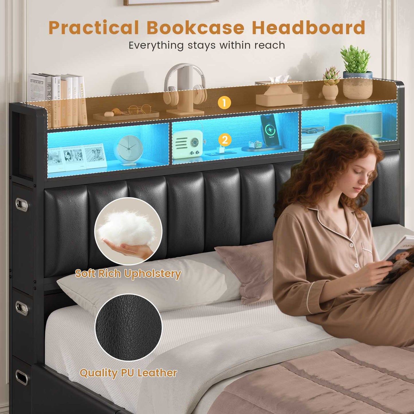 ADORNEVE Bed Frame King Size with 10 Drawers and RGB Bookcase Headboard PU Upholstered Bed with Charging Station