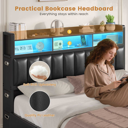 ADORNEVE Bed Frame King Size with 10 Drawers and RGB Bookcase Headboard PU Upholstered Bed with Charging Station