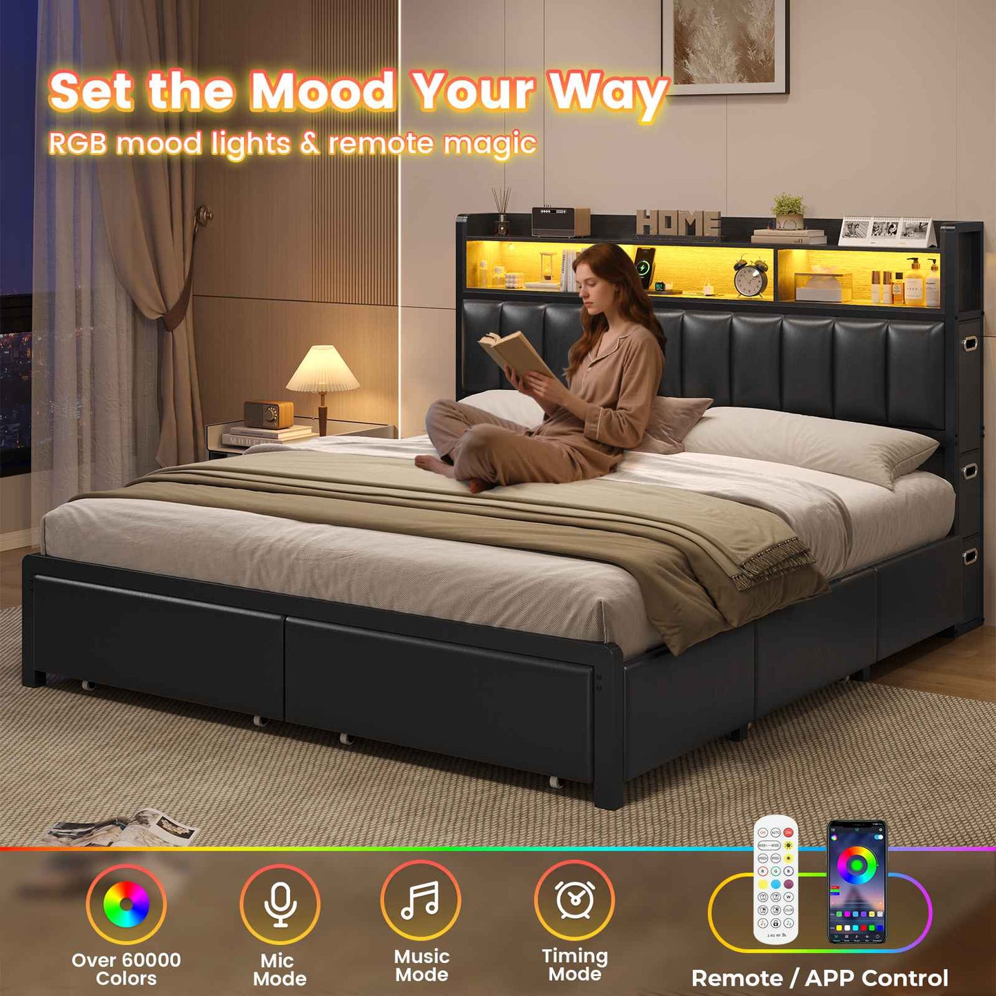 ADORNEVE Bed Frame King Size with 10 Drawers and RGB Bookcase Headboard PU Upholstered Bed with Charging Station