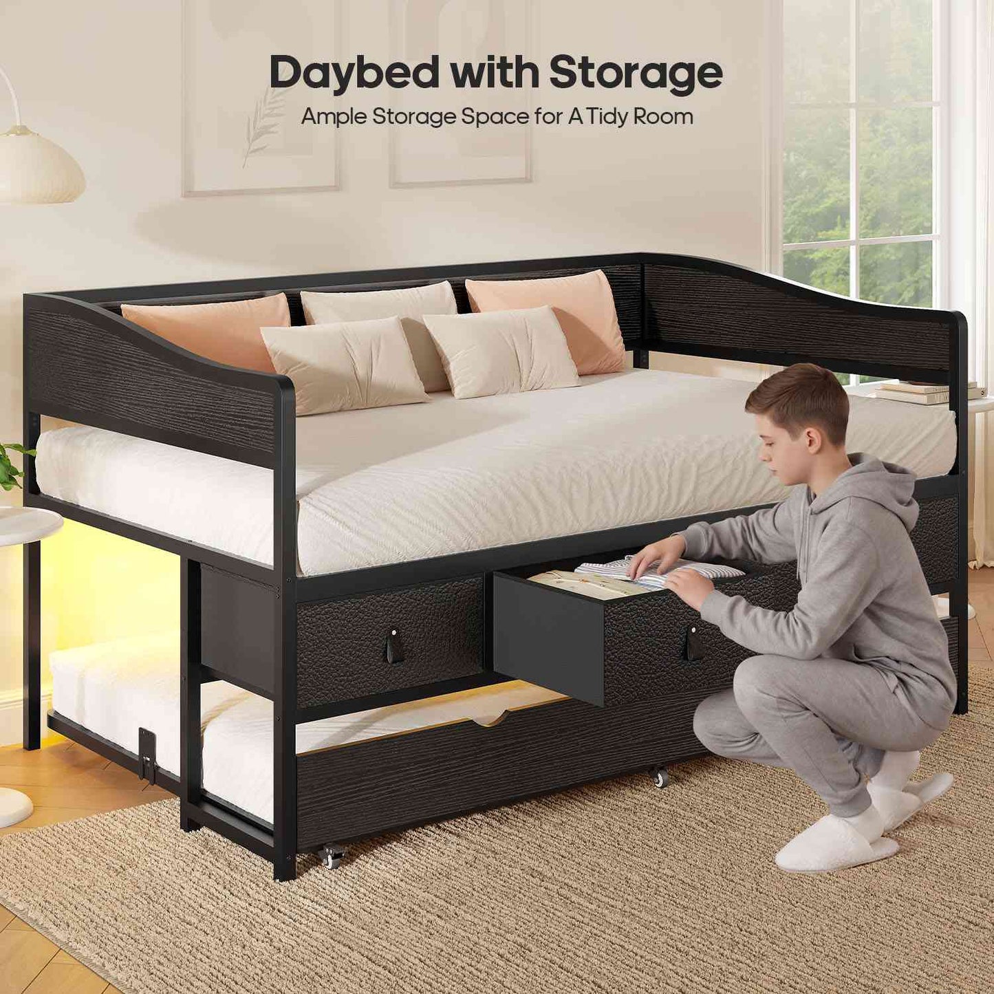 ADORNEVE Twin Daybed with Trundle and 4 Drawers Metal Sofa Day Bed Frame with LED Light and Strong Supports for Living Room Bedroom and Guest Room