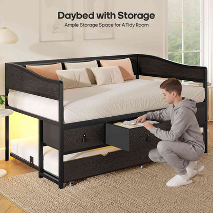 ADORNEVE Twin Daybed with Trundle and 4 Drawers Metal Sofa Day Bed Frame with LED Light and Strong Supports for Living Room Bedroom and Guest Room