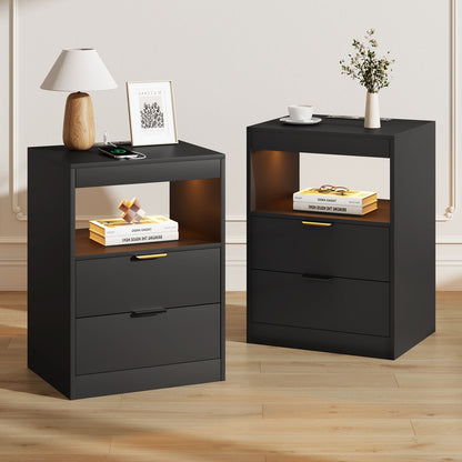 ADORNEVE LED Nightstand with Wireless Charging Station and 2 Drawers Wooden Sofa Bedside Table with Pull-Out Shelf