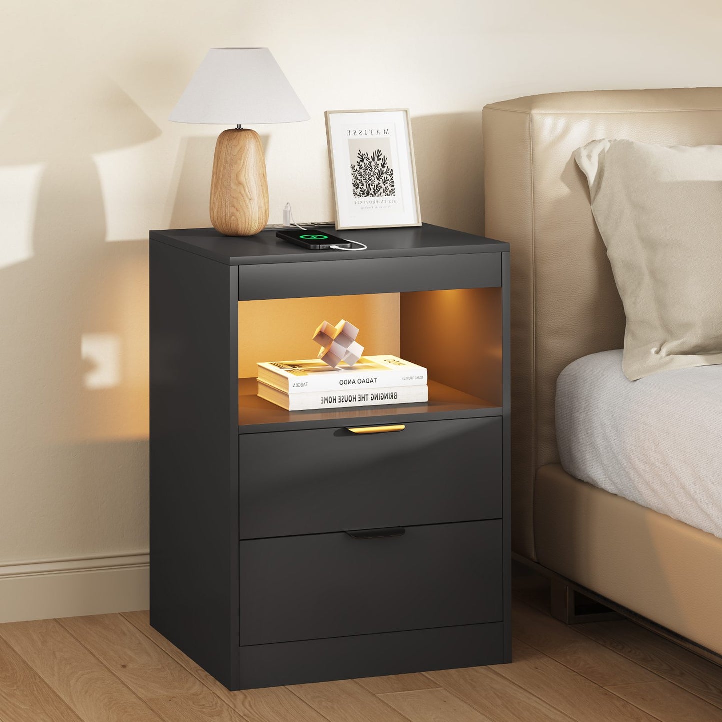 ADORNEVE LED Nightstand with Wireless Charging Station and 2 Drawers Wooden Sofa Bedside Table with Pull-Out Shelf