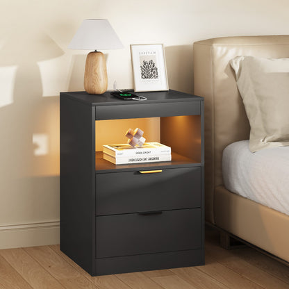 ADORNEVE LED Nightstand with Wireless Charging Station and 2 Drawers Wooden Sofa Bedside Table with Pull-Out Shelf