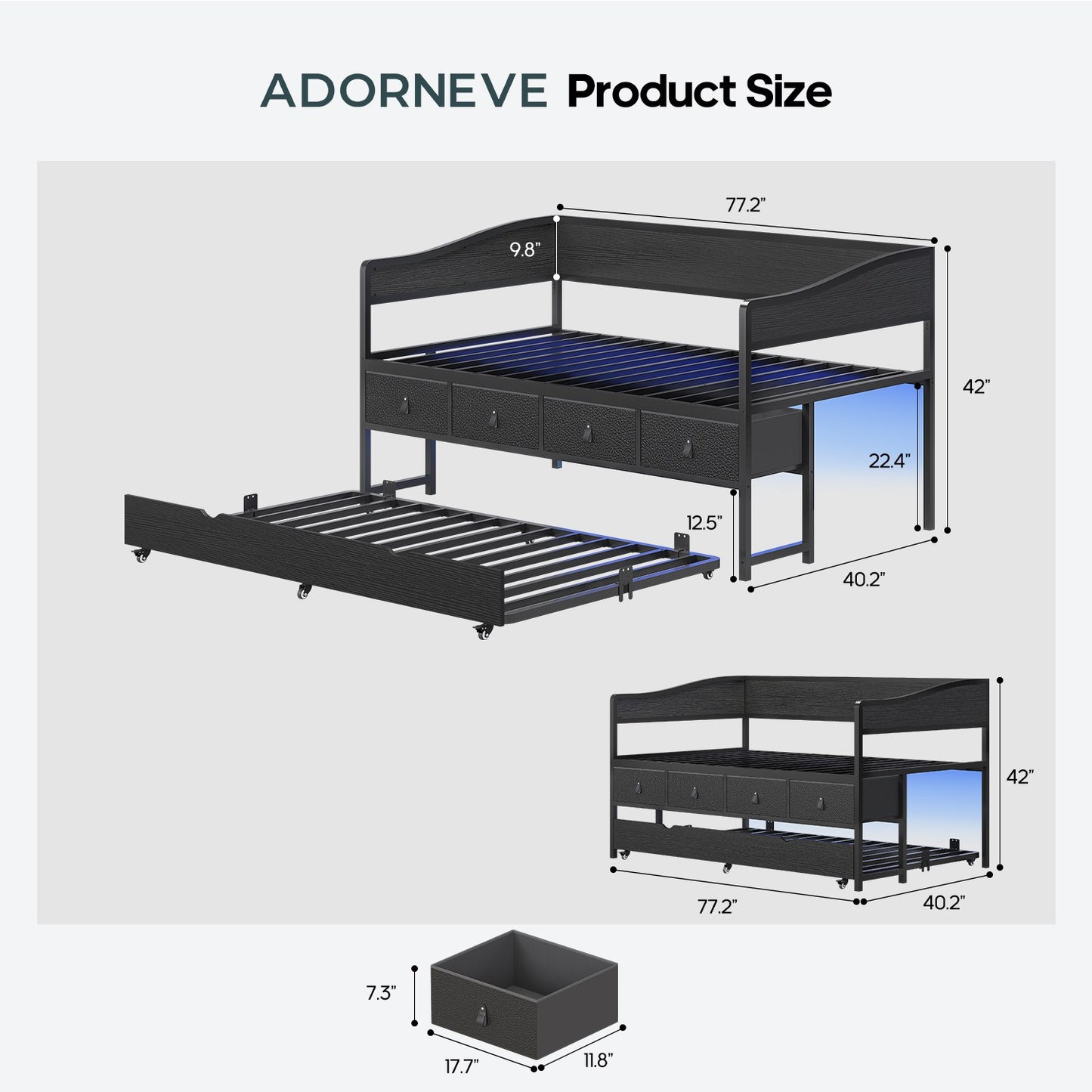 ADORNEVE Twin Daybed with Trundle and 4 Drawers Metal Sofa Day Bed Frame with LED Light and Strong Supports for Living Room Bedroom and Guest Room