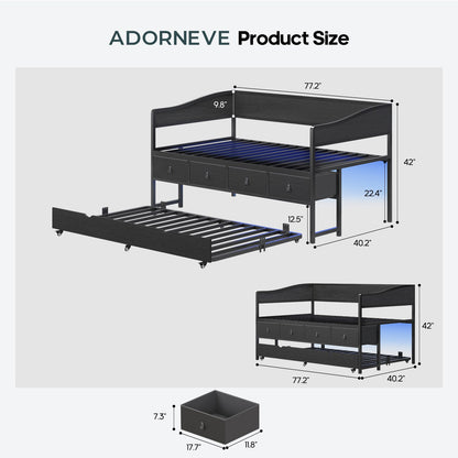 ADORNEVE Twin Daybed with Trundle and 4 Drawers Metal Sofa Day Bed Frame with LED Light and Strong Supports for Living Room Bedroom and Guest Room