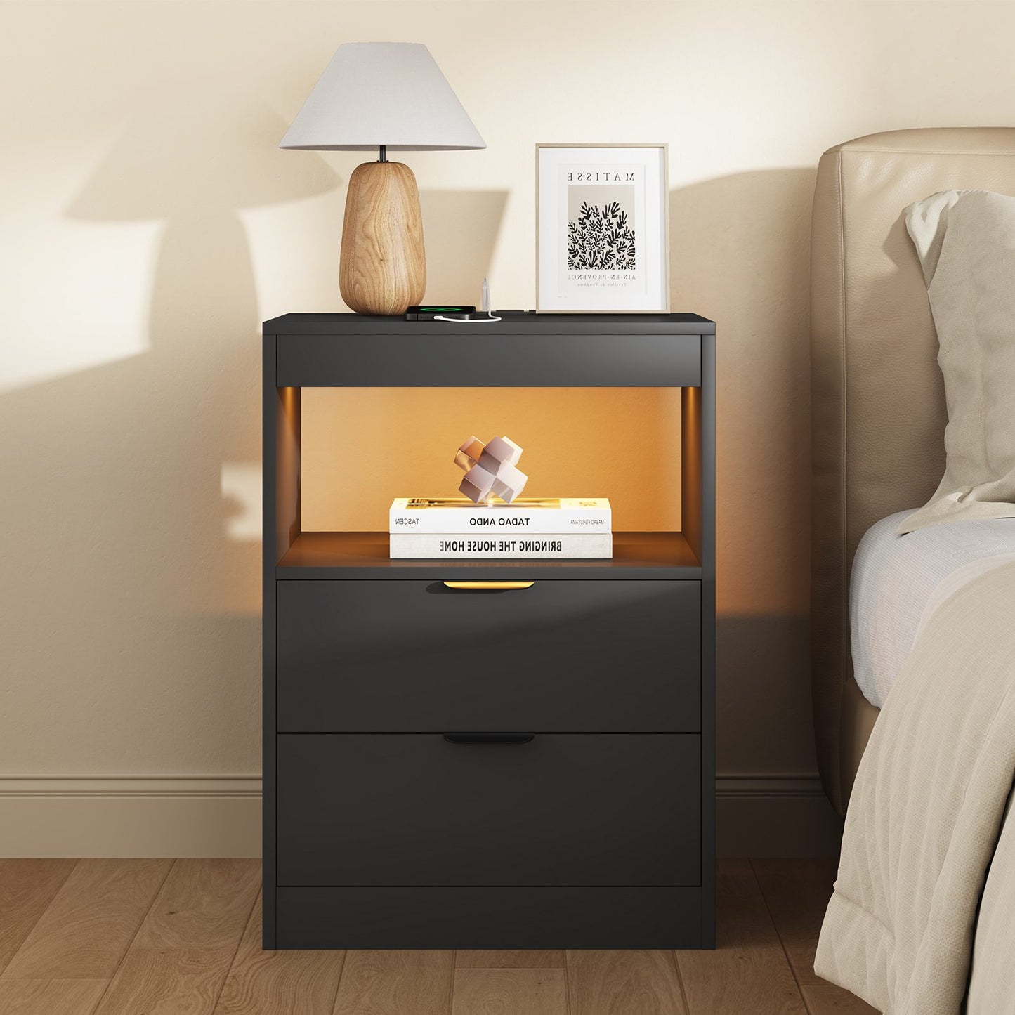 ADORNEVE LED Nightstand with Wireless Charging Station and 2 Drawers Wooden Sofa Bedside Table with Pull-Out Shelf