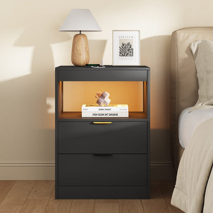 ADORNEVE LED Nightstand with Wireless Charging Station and 2 Drawers Wooden Sofa Bedside Table with Pull-Out Shelf