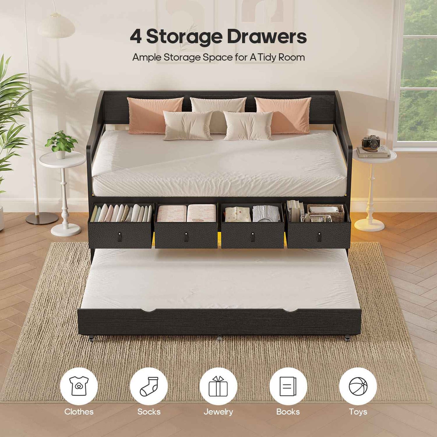 ADORNEVE Twin Daybed with Trundle and 4 Drawers Metal Sofa Day Bed Frame with LED Light and Strong Supports for Living Room Bedroom and Guest Room