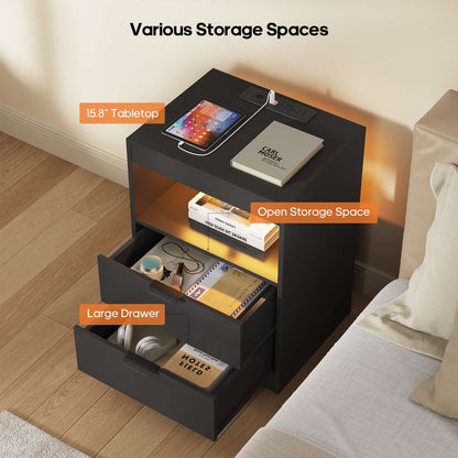 ADORNEVE LED Nightstand with Wireless Charging Station and 2 Drawers Wooden Sofa Bedside Table with Pull-Out Shelf