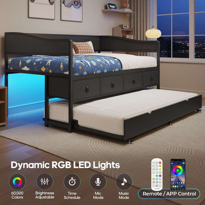 ADORNEVE Twin Daybed with Trundle and 4 Drawers Metal Sofa Day Bed Frame with LED Light and Strong Supports for Living Room Bedroom and Guest Room