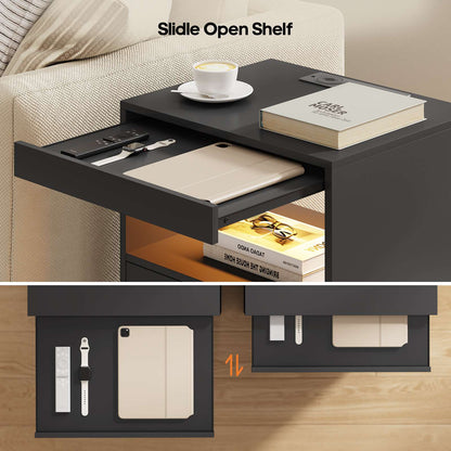 ADORNEVE LED Nightstand with Wireless Charging Station and 2 Drawers Wooden Sofa Bedside Table with Pull-Out Shelf