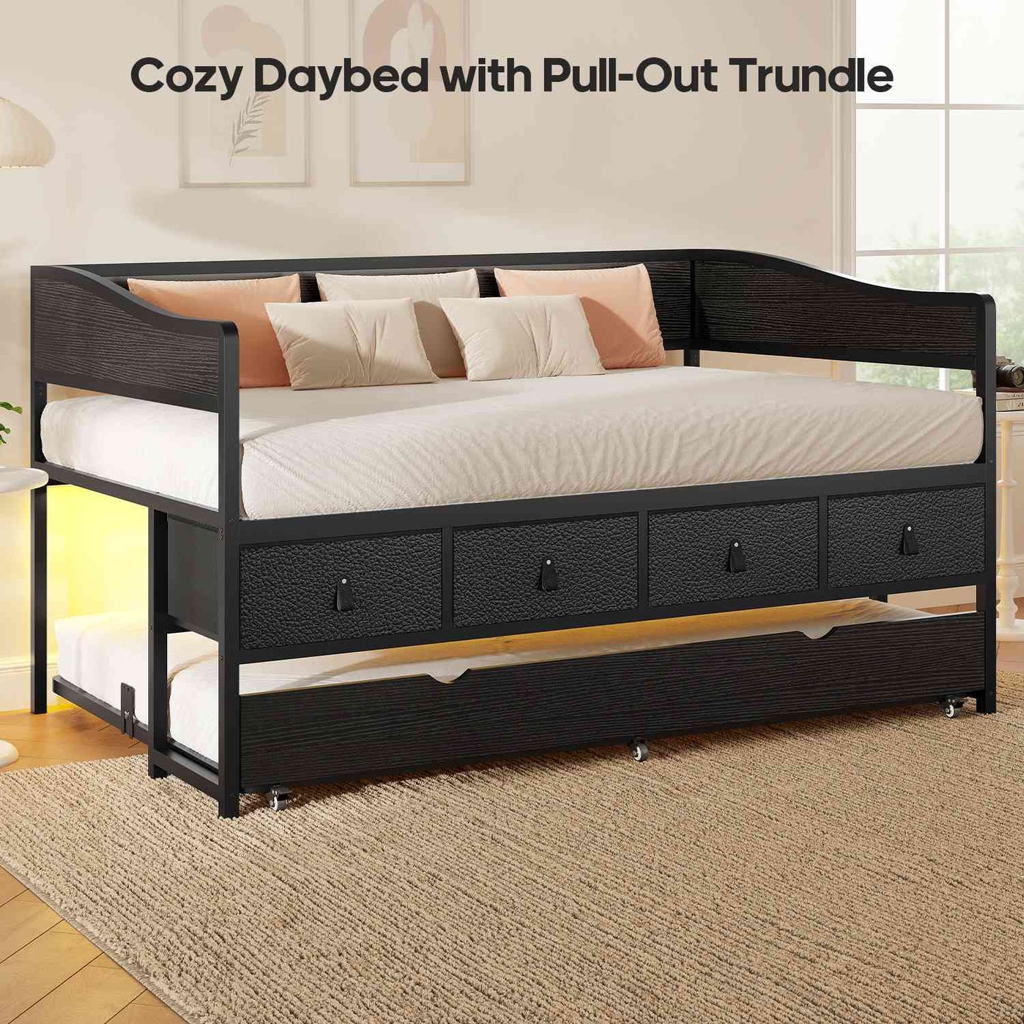 ADORNEVE Twin Daybed with Trundle and 4 Drawers Metal Sofa Day Bed Frame with LED Light and Strong Supports for Living Room Bedroom and Guest Room