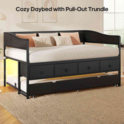 ADORNEVE Twin Daybed with Trundle and 4 Drawers Metal Sofa Day Bed Frame with LED Light and Strong Supports for Living Room Bedroom and Guest Room