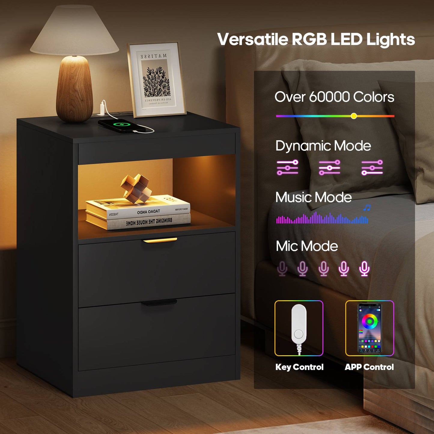 ADORNEVE LED Nightstand with Wireless Charging Station and 2 Drawers Wooden Sofa Bedside Table with Pull-Out Shelf