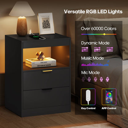 ADORNEVE LED Nightstand with Wireless Charging Station and 2 Drawers Wooden Sofa Bedside Table with Pull-Out Shelf