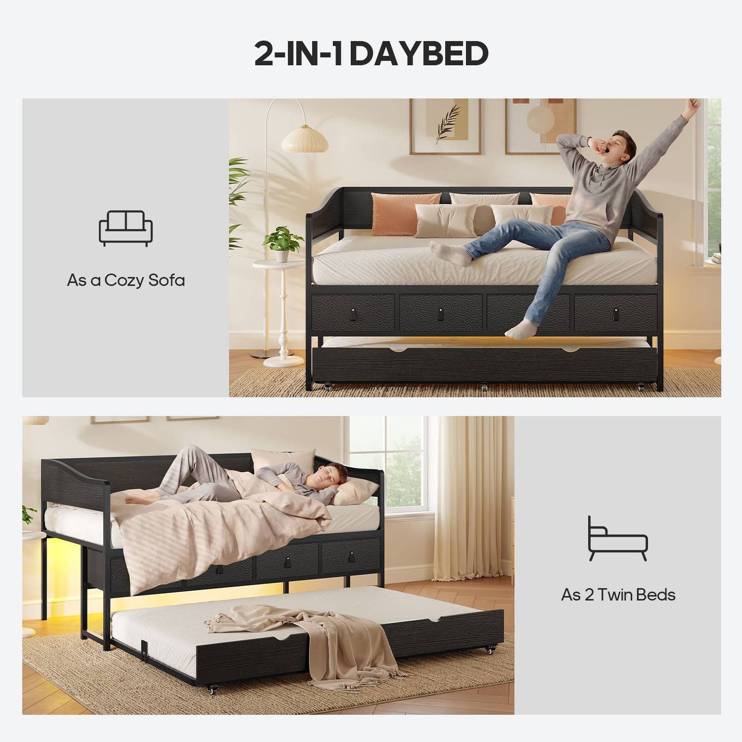 ADORNEVE Twin Daybed with Trundle and 4 Drawers Metal Sofa Day Bed Frame with LED Light and Strong Supports for Living Room Bedroom and Guest Room