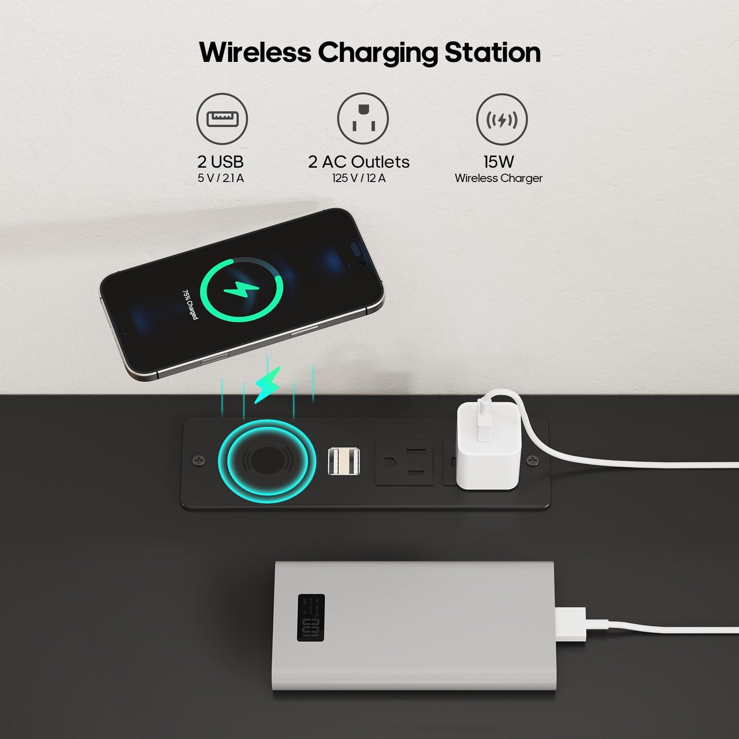 ADORNEVE LED Nightstand with Wireless Charging Station and 2 Drawers Wooden Sofa Bedside Table with Pull-Out Shelf