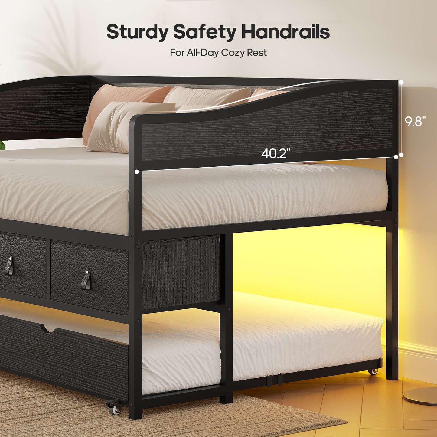ADORNEVE Twin Daybed with Trundle and 4 Drawers Metal Sofa Day Bed Frame with LED Light and Strong Supports for Living Room Bedroom and Guest Room