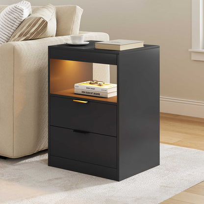 ADORNEVE LED Nightstand with Wireless Charging Station and 2 Drawers Wooden Sofa Bedside Table with Pull-Out Shelf