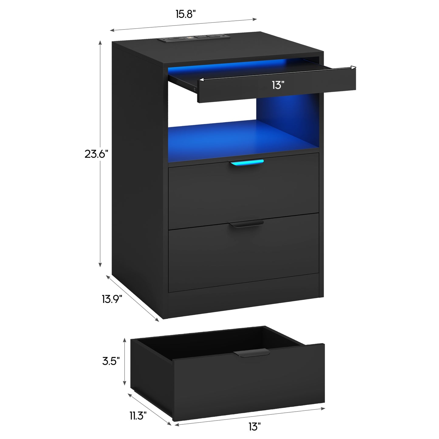 ADORNEVE LED Nightstand with Wireless Charging Station and 2 Drawers Wooden Sofa Bedside Table with Pull-Out Shelf