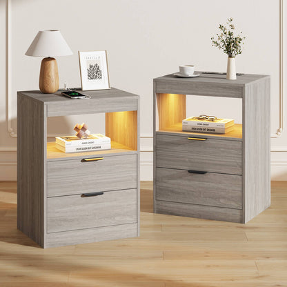 ADORNEVE LED Nightstand with Wireless Charging Station and 2 Drawers Wooden Sofa Bedside Table with Pull-Out Shelf