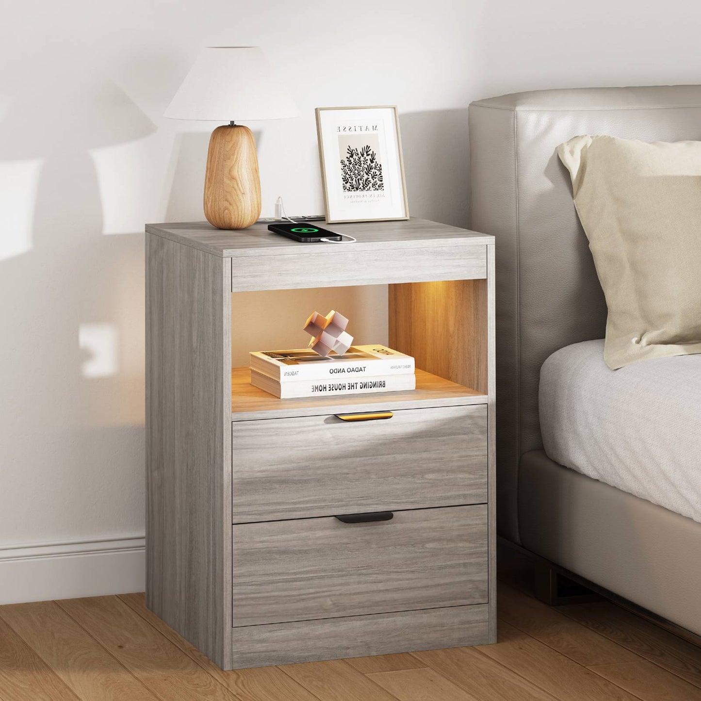 ADORNEVE LED Nightstand with Wireless Charging Station and 2 Drawers Wooden Sofa Bedside Table with Pull-Out Shelf