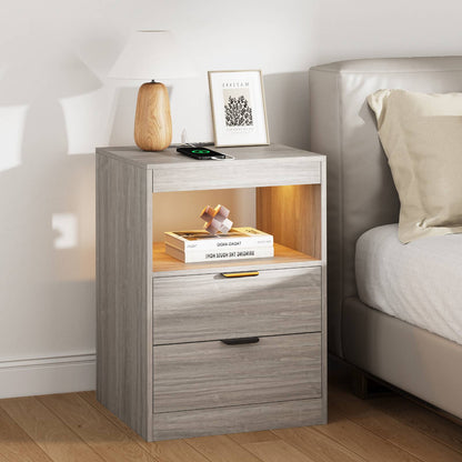 ADORNEVE LED Nightstand with Wireless Charging Station and 2 Drawers Wooden Sofa Bedside Table with Pull-Out Shelf