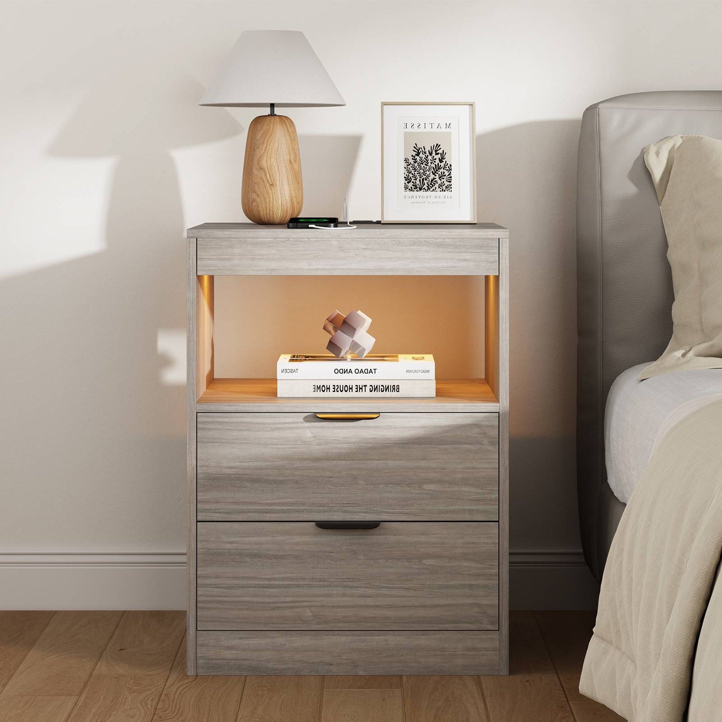 ADORNEVE LED Nightstand with Wireless Charging Station and 2 Drawers Wooden Sofa Bedside Table with Pull-Out Shelf