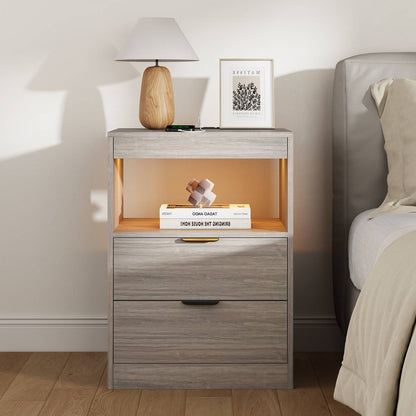 ADORNEVE LED Nightstand with Wireless Charging Station and 2 Drawers Wooden Sofa Bedside Table with Pull-Out Shelf