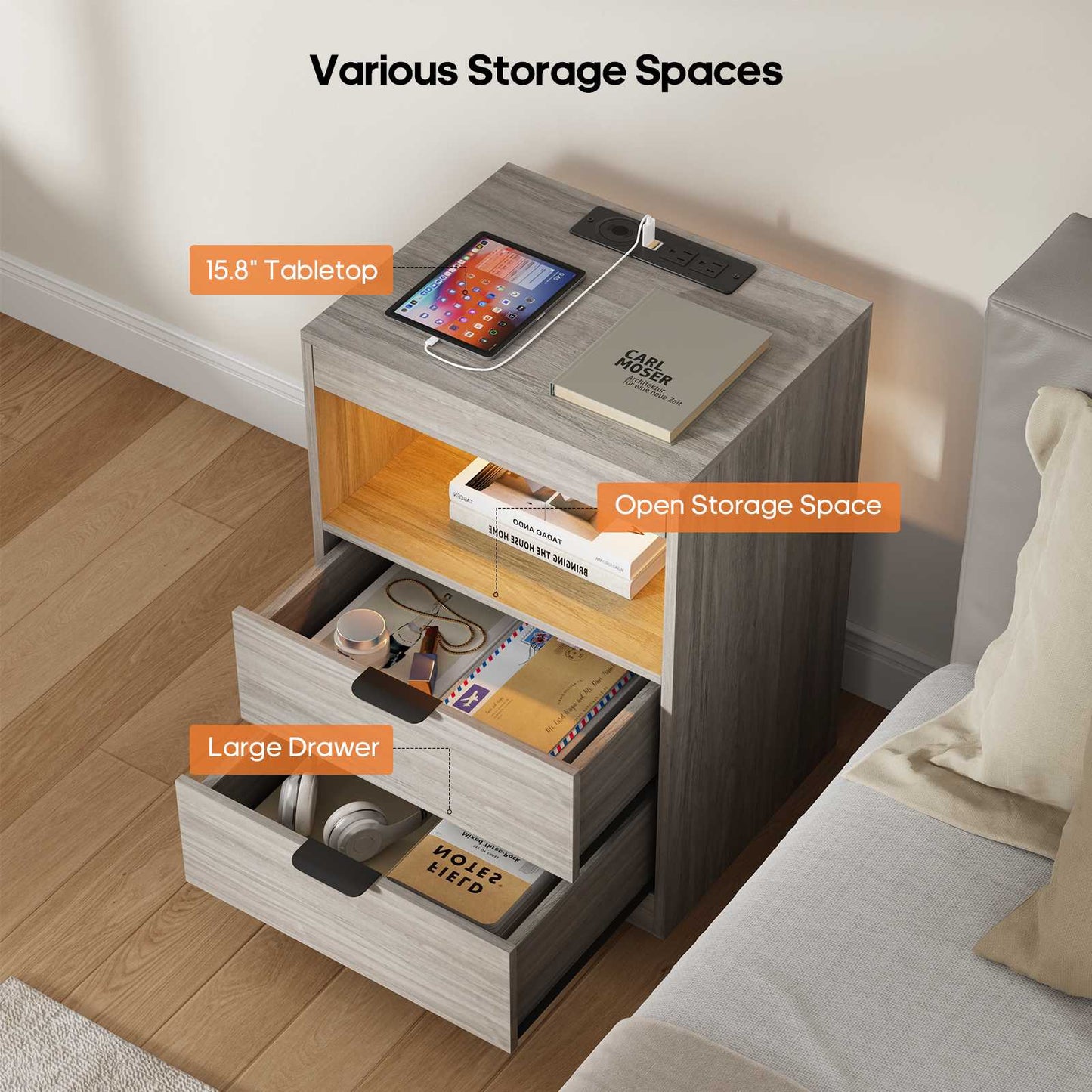ADORNEVE LED Nightstand with Wireless Charging Station and 2 Drawers Wooden Sofa Bedside Table with Pull-Out Shelf