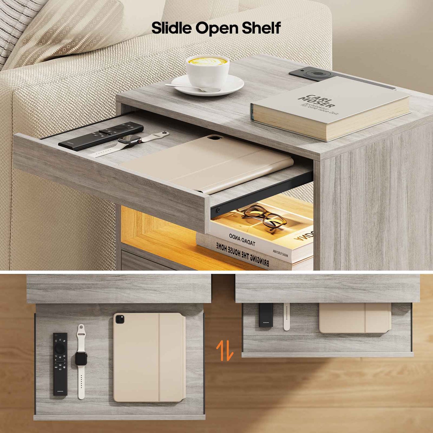 ADORNEVE LED Nightstand with Wireless Charging Station and 2 Drawers Wooden Sofa Bedside Table with Pull-Out Shelf