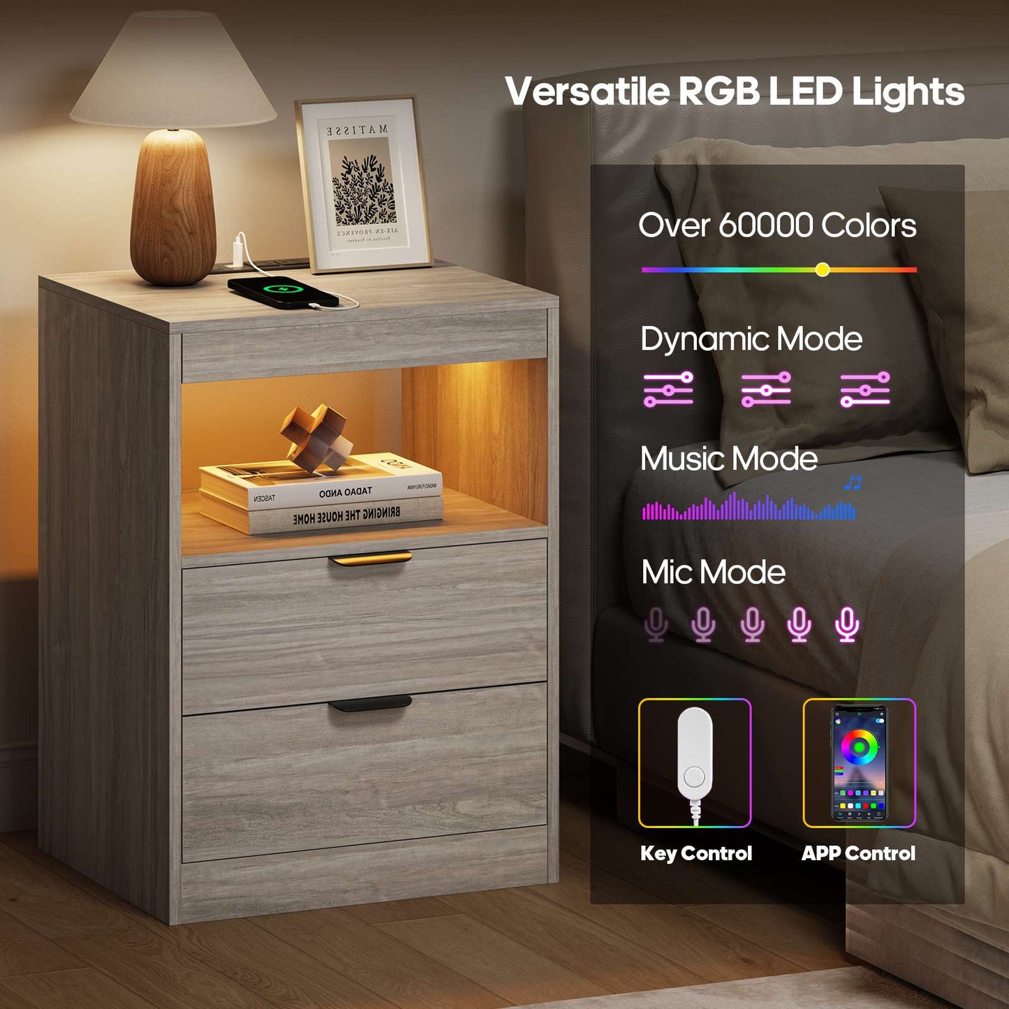 ADORNEVE LED Nightstand with Wireless Charging Station and 2 Drawers Wooden Sofa Bedside Table with Pull-Out Shelf