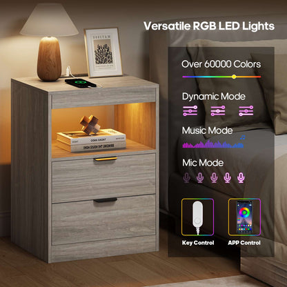 ADORNEVE LED Nightstand with Wireless Charging Station and 2 Drawers Wooden Sofa Bedside Table with Pull-Out Shelf