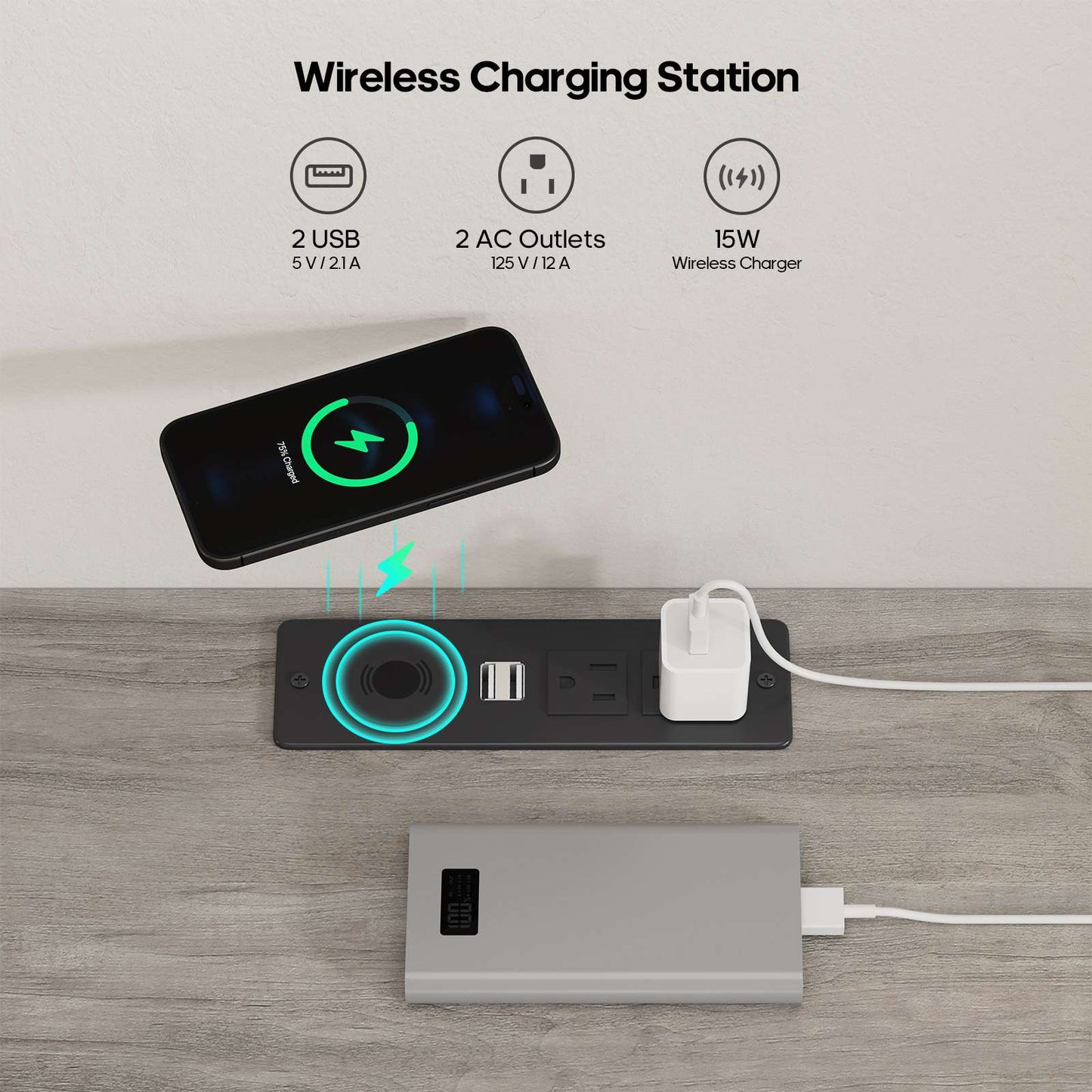 ADORNEVE LED Nightstand with Wireless Charging Station and 2 Drawers Wooden Sofa Bedside Table with Pull-Out Shelf