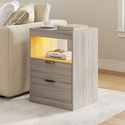 ADORNEVE LED Nightstand with Wireless Charging Station and 2 Drawers Wooden Sofa Bedside Table with Pull-Out Shelf