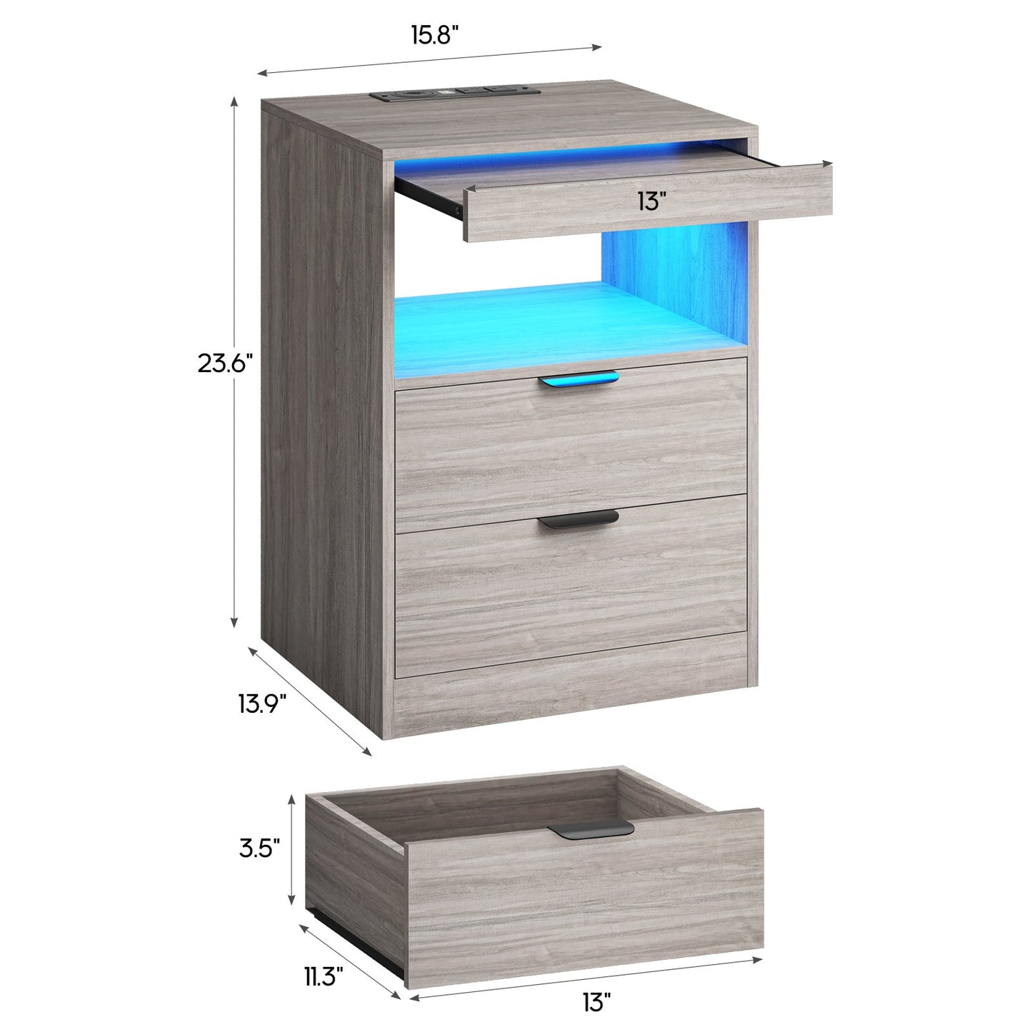 ADORNEVE LED Nightstand with Wireless Charging Station and 2 Drawers Wooden Sofa Bedside Table with Pull-Out Shelf