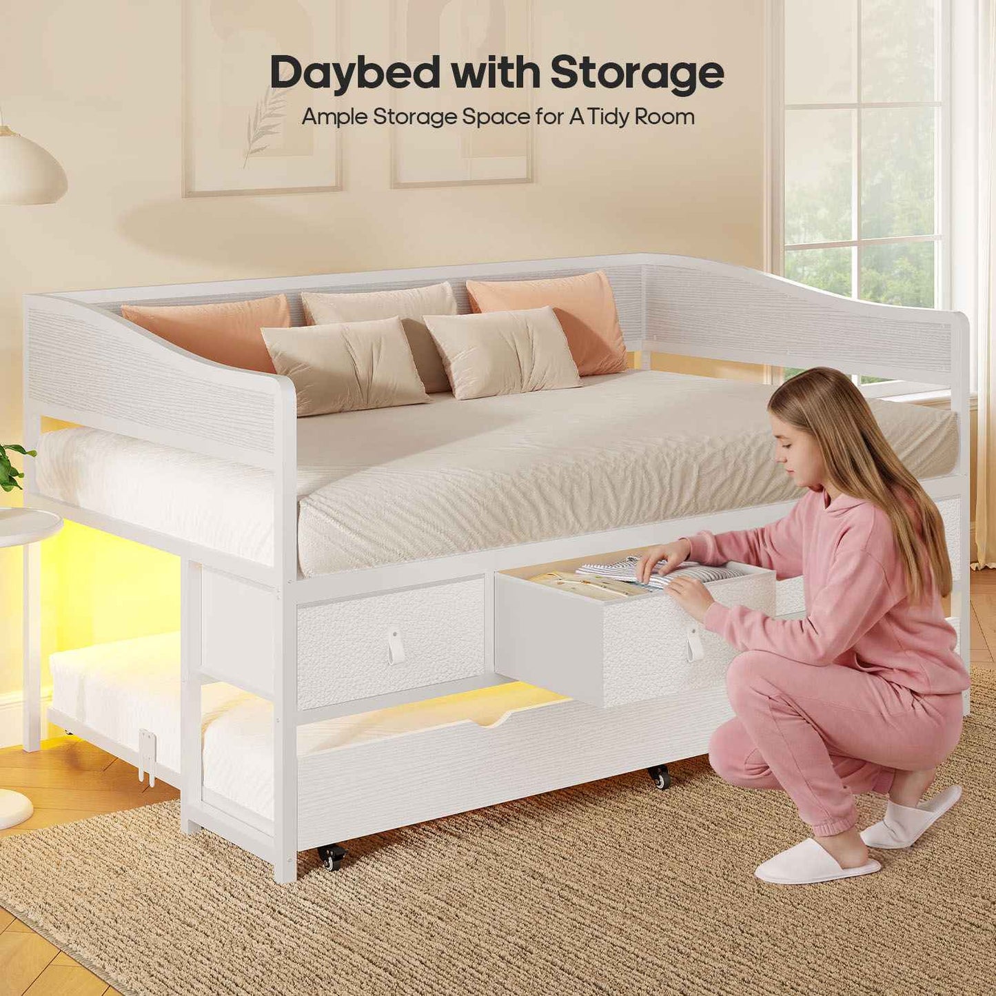 ADORNEVE Twin Daybed with Trundle and 4 Drawers Metal Sofa Day Bed Frame with LED Light and Strong Supports for Living Room Bedroom and Guest Room