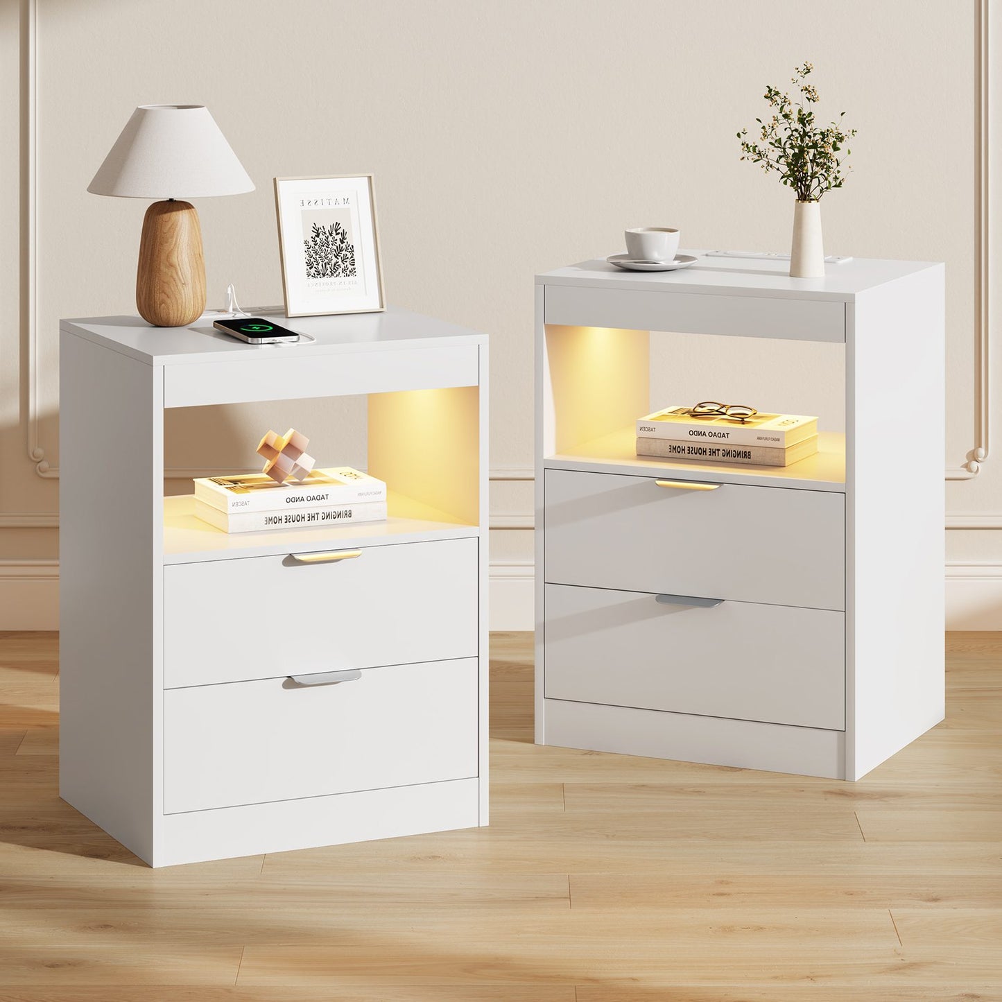 ADORNEVE LED Nightstand with Wireless Charging Station and 2 Drawers Wooden Sofa Bedside Table with Pull-Out Shelf