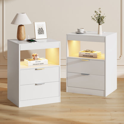 ADORNEVE LED Nightstand with Wireless Charging Station and 2 Drawers Wooden Sofa Bedside Table with Pull-Out Shelf