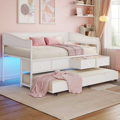 ADORNEVE Twin Daybed with Trundle and 4 Drawers Metal Sofa Day Bed Frame with LED Light and Strong Supports for Living Room Bedroom and Guest Room