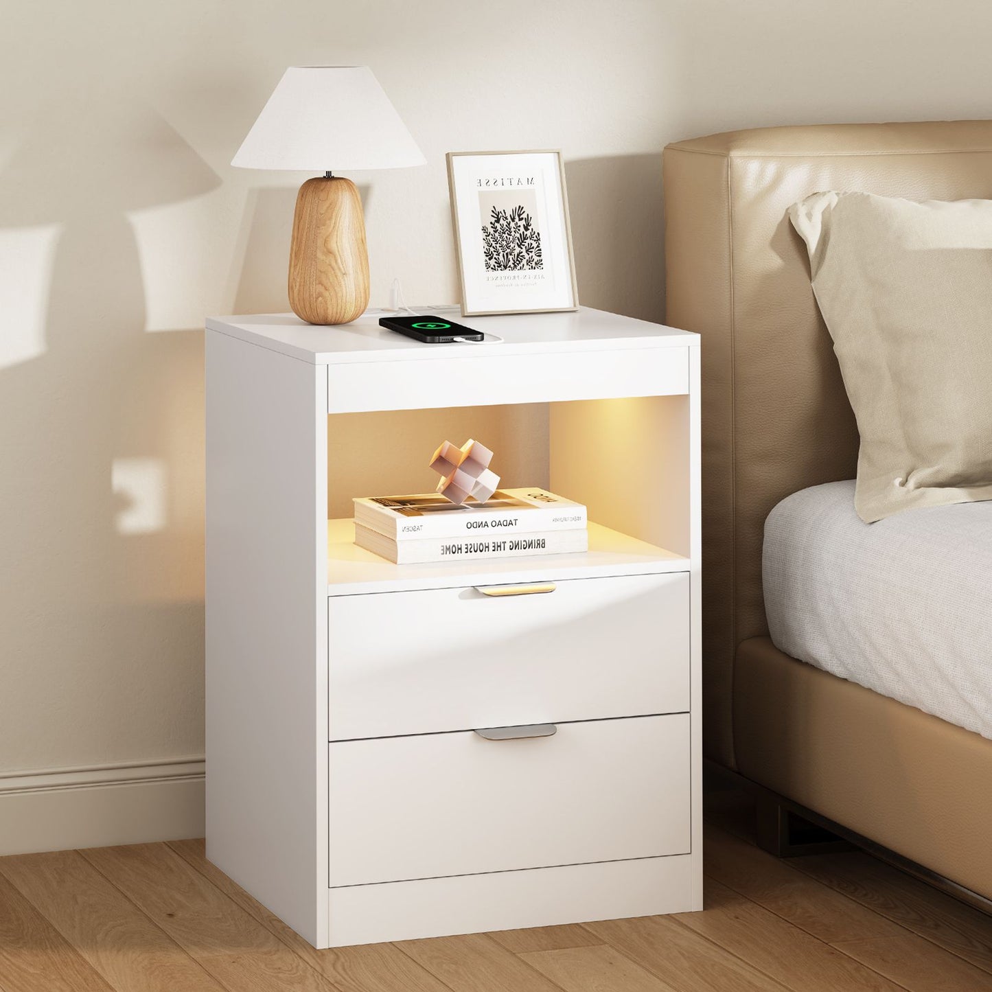 ADORNEVE LED Nightstand with Wireless Charging Station and 2 Drawers Wooden Sofa Bedside Table with Pull-Out Shelf