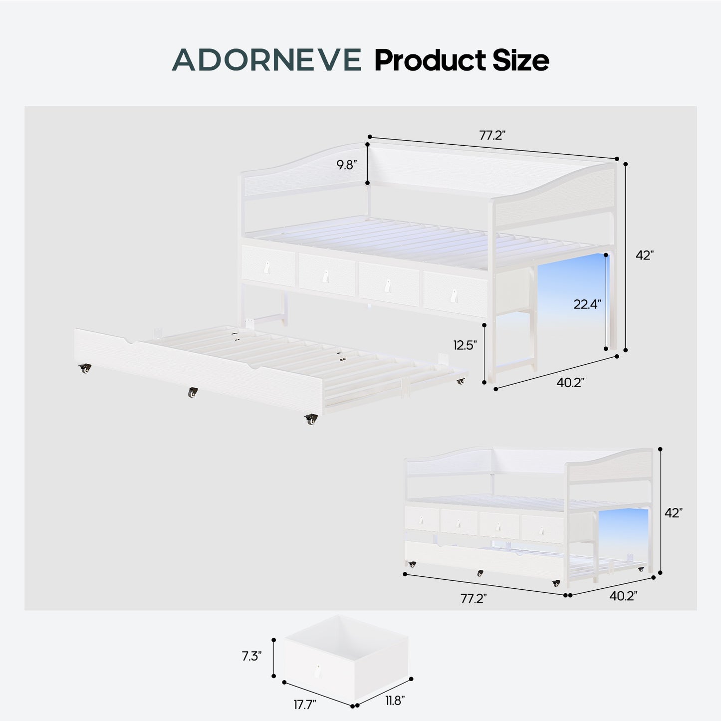 ADORNEVE Twin Daybed with Trundle and 4 Drawers Metal Sofa Day Bed Frame with LED Light and Strong Supports for Living Room Bedroom and Guest Room